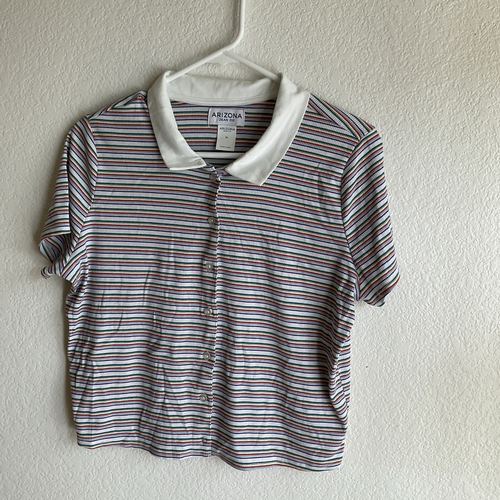 Arizona Jean Co Womens XL Rainbow Stripe Button Front Polo Shirt Ribbed Knit Top